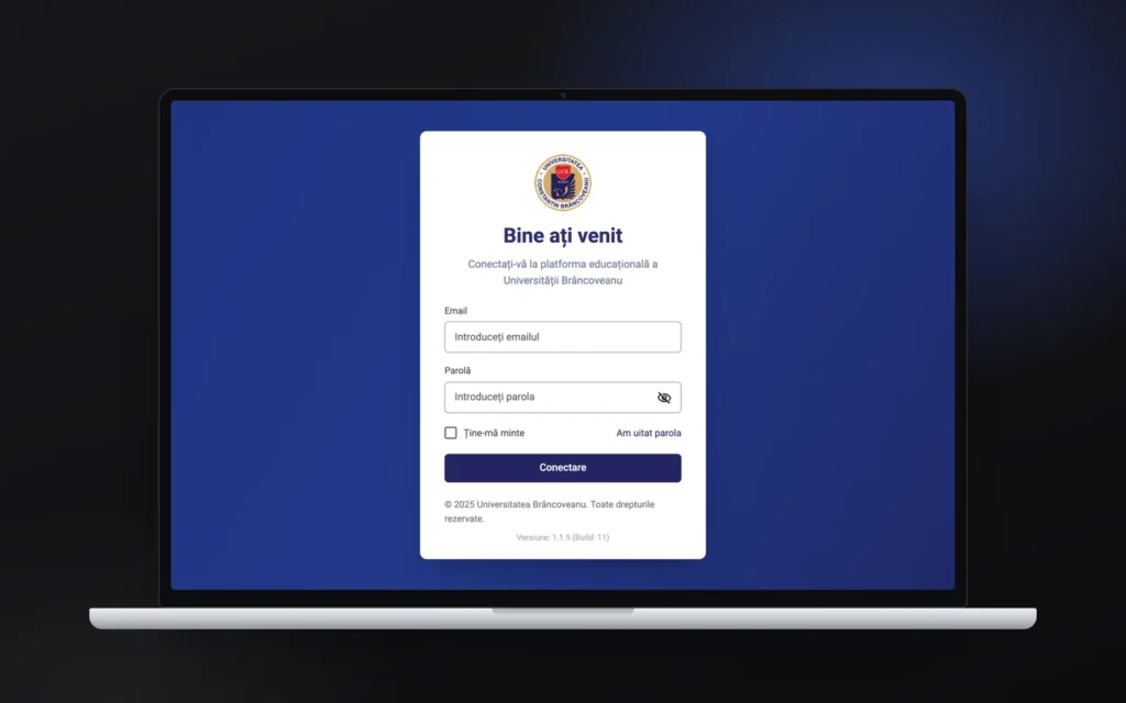 Brâncoveanu University’s eLearning platform on a laptop, showing the sign-in screen with the university crest