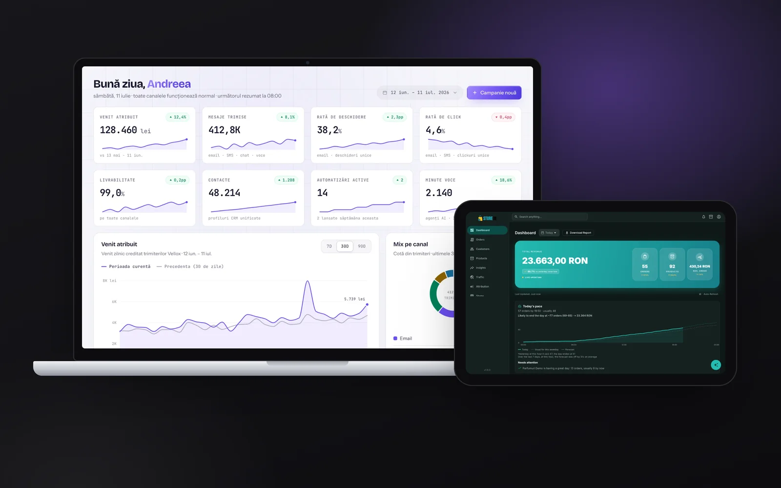 Vellox on a laptop and StoreIQ on a tablet, showing the marketing overview and the stores’ live revenue