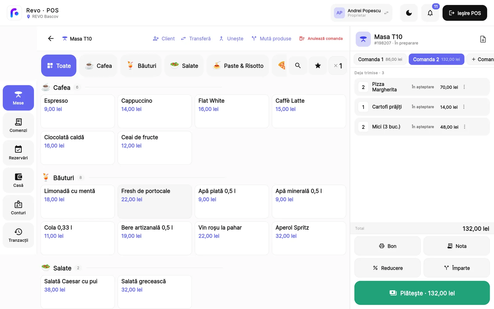 The REVO POS: products by category and the table’s bill