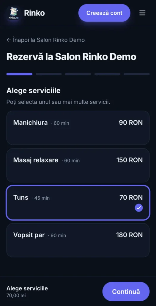 Online booking on a phone – choosing the services