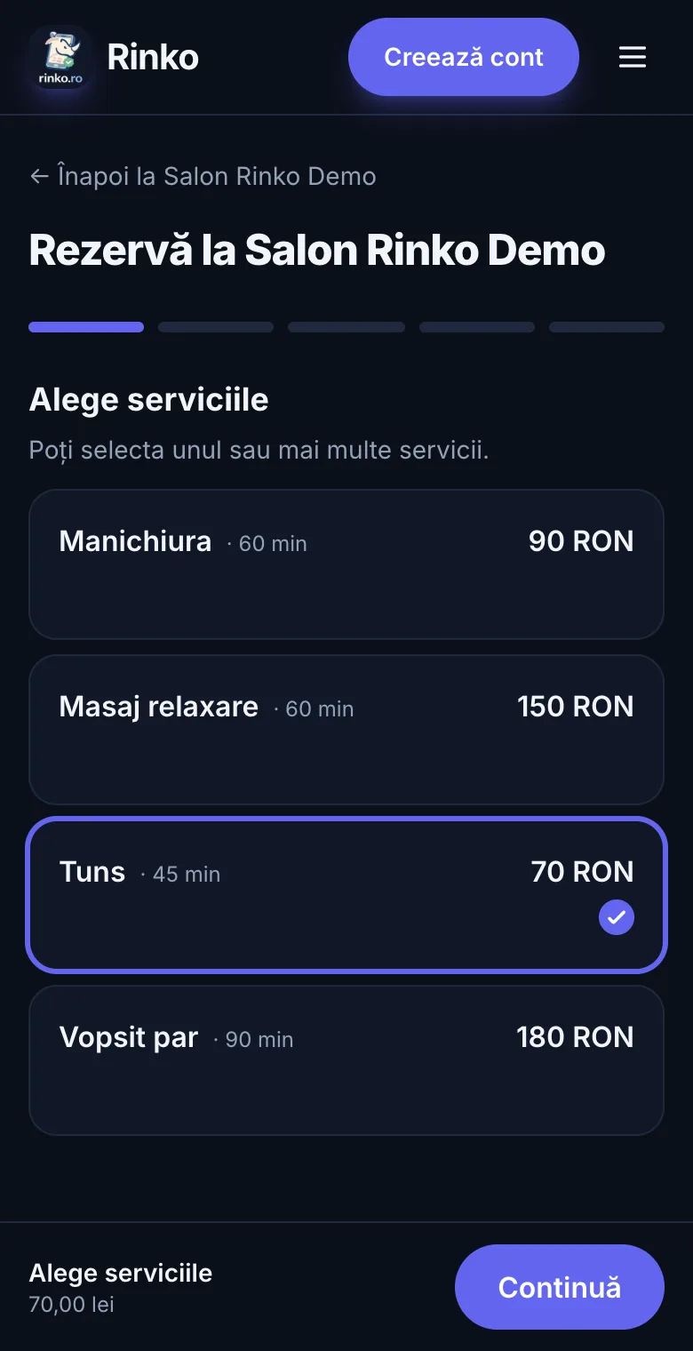 Rinko booking page: choosing a service