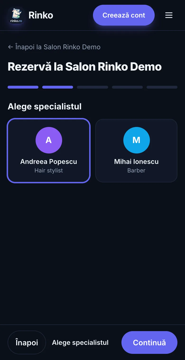 Rinko booking page: choosing the specialist