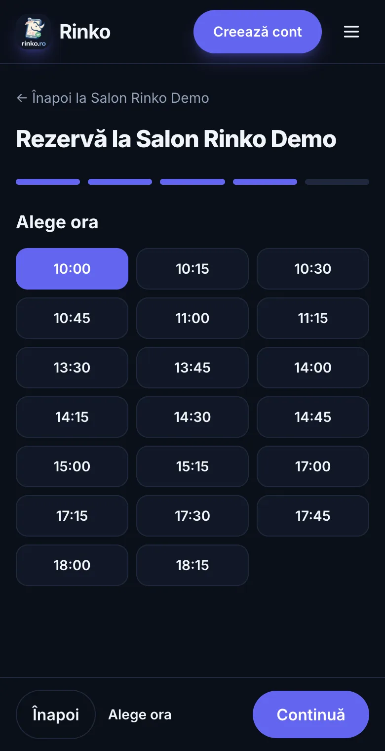 Rinko booking page: choosing a free time