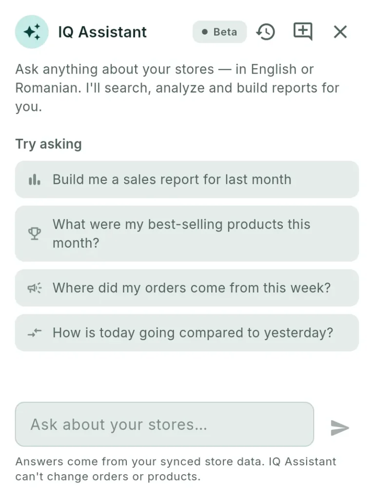 The StoreIQ assistant with suggested questions about the stores