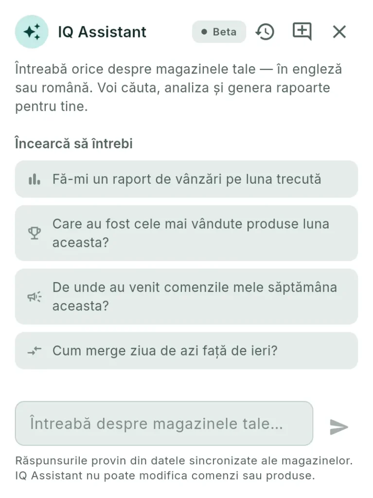 Asistentul StoreIQ cu întrebări sugerate despre magazine